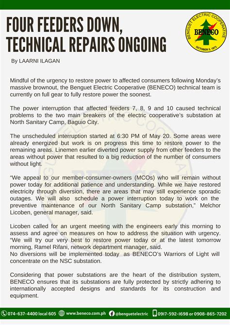 beneco power interruption schedule today|Four Feeders Down, Technical Repairs Ongoing.